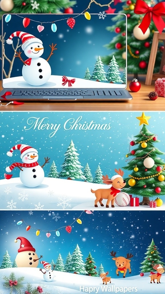 A selection of cute Christmas laptop wallpapers with snowmen, reindeer, and winter scenes.